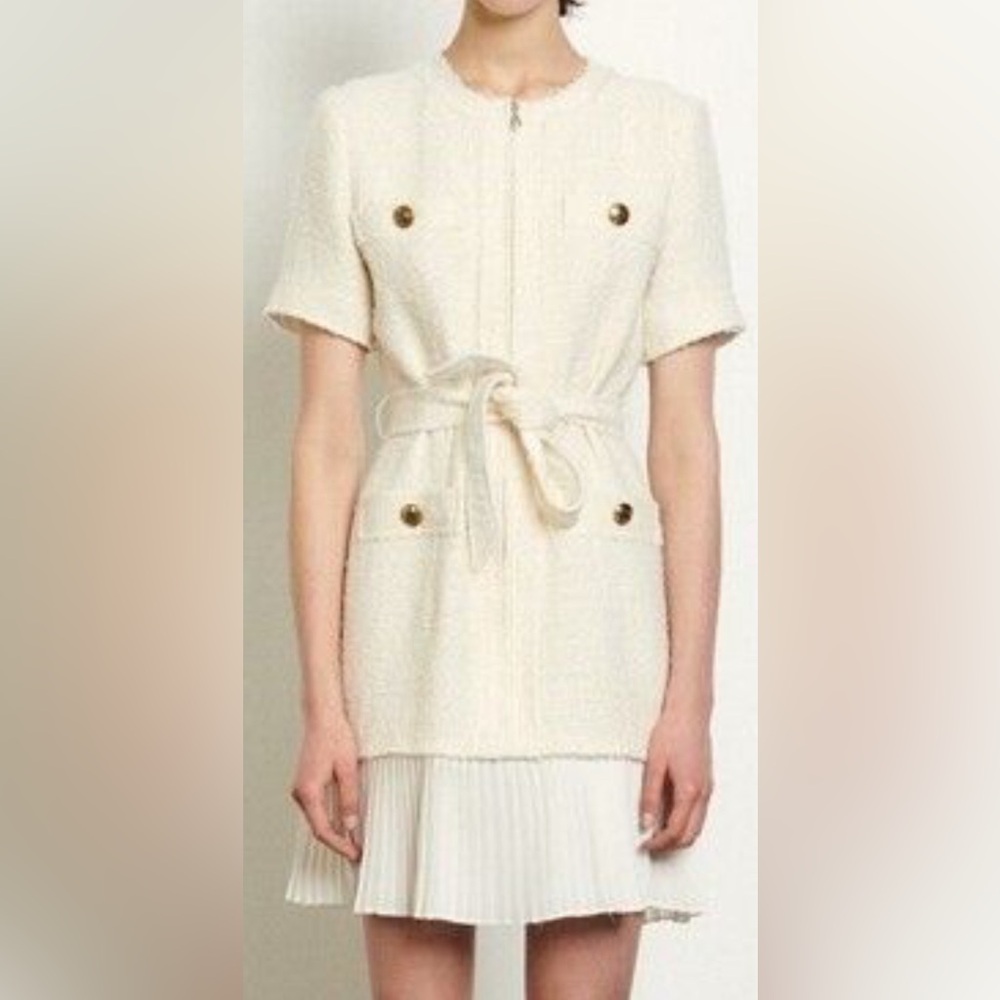 Classy mini pleated tweed knit white dress